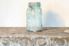 oil painting on panel, 19 x 16 inches, painted in 2016. It is a painting of an empty, blue, semi-transparent food jar that has been used as a studio jar.