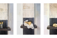 three oil paintings on panel, each panel measuring 23 x 17.5 inches, painted in 2018. These are paintings of singular objects, dead daffodils, peasant soap and a fox skull.