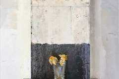 This is a detail of the Momento Mori triptych. Two daffodils in a shot glass in front of a black ground and sitting on a black shelf.