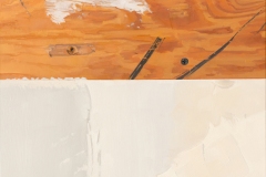 an oil painting on panel, 16.5 x 12 inches, painted in 2020. It is a painting of a patched area on wood moulding.