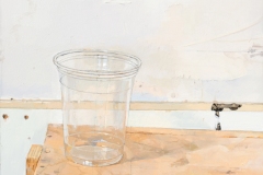 an oil painting on panel, 11 x 11 inches, painted in 2017. It is a painting of an empty plastic cup sitting on a plywood cabinet/shelf.