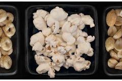 a triptych depicting high resolution close ups of cheerios, popcorn and peanuts.