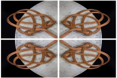 a kaleidoscope-like reflective image of 4 panels depicting a woven paddle intersecting at the middle of the composition