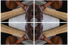 a kaleidoscope-like reflective image of 4 panels depicting a wooden stand and skinny bristles intersecting at the middle of the composition