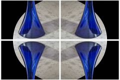 a kaleidoscope-like reflective image of 4 panels depicting the bottom part of a clear blue glass vase