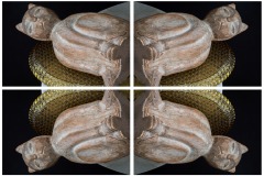 a kaleidoscope-like reflective image of 4 panels depicting a carved stone cat atop a beaded glass dish