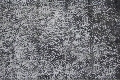 A grayscale abstract painting reminiscent of microscopic imagery of cells.