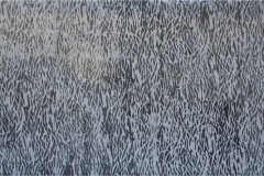 A grayscale abstract painting with chaotic patterned trailing lines.