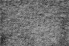 A grayscale abstract painting with chaotic patterned trailing lines.