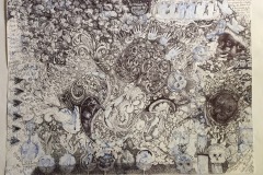 An abstract composition of organic shapes, rubber stamped images, written word/phrases and important dates from the artists personal history over the last 1 1/2 years.