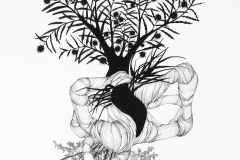 Large black and white line drawing exploring abstraction in organic forms. Muscle-like form, coral-like structure, and grass-like imagery intertwines.
