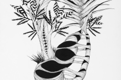 Large black and white line drawing exploring abstraction in organic form. Fascia, grass, birch leaf and lily-like growths intertwine.