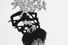 Large black and white drawing exploring invented specimen forms. Coral like structure grows atop shadowy insect-like legs.