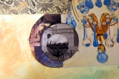 Collage of papers, oil, ink and wax on illustration board with die cuts