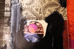 Collage of papers, oil, ink and wax on illustration board with die cuts