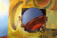 Collage of papers, oil, ink and wax on illustration board with die cuts
