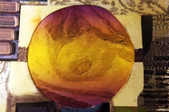 Collage of papers, oil, ink and wax on illustration board with die cuts