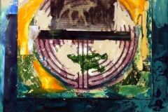 encaustic and oil collage of an image of a moose with an image of a maze on birch panel