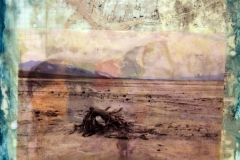 encaustic and oil collage of an image of a map with an image of a ram and an image of the Death Valley desert on birch panel