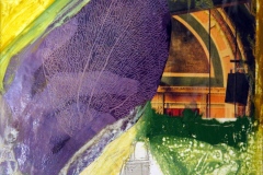 encaustic and oil collage of an image of an architectural space, a filigreed leaf layered with an image of human fingers and a purse