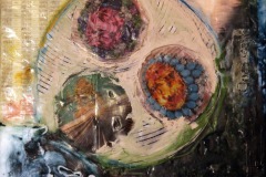encaustic and oil collage of a data graph, and three images of cell-like circles within a larger circle