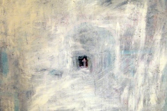 textured painting on board of a wide field of white marks with a small cross in the center