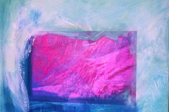 a digital photograph of the Death Valley landscape printed on linen and collaged into a blue painted field on canvas
