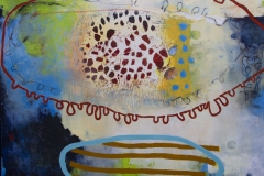 Colorful abstract oil painting featuring splotches of color with lines of varying thickness that create an odd eye shape form.