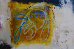 Colorful abstract oil painting with various brush strokes and lines creating forms.