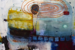 Colorful abstract oil painting with varying brush thicknesses and line thicknesses and shapes.