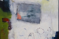 Colorful abstract oil painting with various paint applications creating flow and different forms.