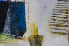Colorful abstract oil painting with various chunky colored forms and lines.