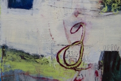 Colorful abstract oil painting with chunky color splotches and shapes.