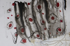 Loose abstract drawing with big wiggly dissolving line and varying sized polka dot
