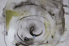 Loose abstract drawing with cloudy ink shape and small random shapes