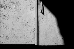 Black and white photograph of a cellar door with shadows