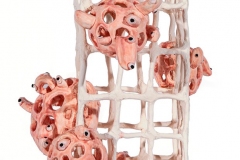 Open cage grid form with pod protrusions and tongues with eyeballs attached.