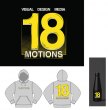 A logo design for a company called 18 Motions. The number 18 is yellow and large, with the word MOTIONS below it in white uppercase sans-serif font.