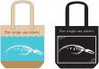 Two designs for reusable bags - one is black and white the other is color. Both have an x-ray image of a whale showing its bones and trash inside its body.