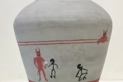 Vase form with wide shoulders tapering to narrow neck.  Surface embellished with stick figures interacting.
