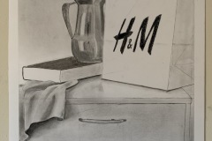 A still life depicting everyday objects atop a cabinet. A shopping bag, cloth fabric draped beneath a book, and a reflective pitcher
