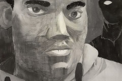 “See Me” is a self portrait depicting a young man holding eye contact with the viewer. Thick blocky shading areas create a contrast of soft and angular contours of his face. In the background, an ominous shadow figure lurks, in a police officers hat with a single illuminated eye.