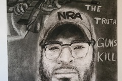 A portrait of a man wearing an NRA hat. Behind him another man with a big gun and american flag hat. The words " Don't turn your back on the truth, GUNS KILL" are in the background.