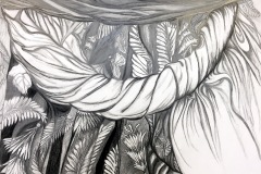 A drawing of elaborately intertwining fabrics. the folds are detailed as swirling lines with charcoal and there is a floral design one one of the fabrics.