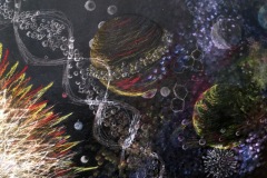 A celestial colorful outer space drawing. planets and DNA strands dance across the paper near an electric looking sun.