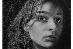 self portrait of a young woman with curling hair that mimics the contours of a plant detailed in the background. the markmaking of delicate shadows realistically describe her.