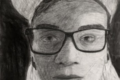 “The New Normal” is a self portrait depicting a young man with a brimmed hat. The brim of his cap is lined with these words “COVID 19, Pandemic, virus, fear, social distancing”.