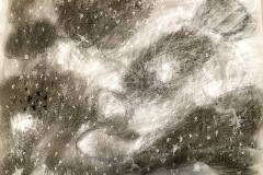An abstract black and white charcoal drawing where sporadic bouts of textured charcoal smears appear like clouds. The charcoal is erased in the areas between the circular forms and dark and light speckles the composition.