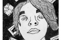 a simplified line drawing self portrait. suggesting the person likes card games or gambling. cards and dies float around his head.
