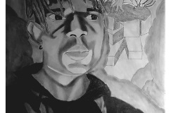 A portrait of a young man looking off the page. His facial features are a bit angular, and the lighting is dramatic to enhance the angles. there is a lion and a tree in the background.